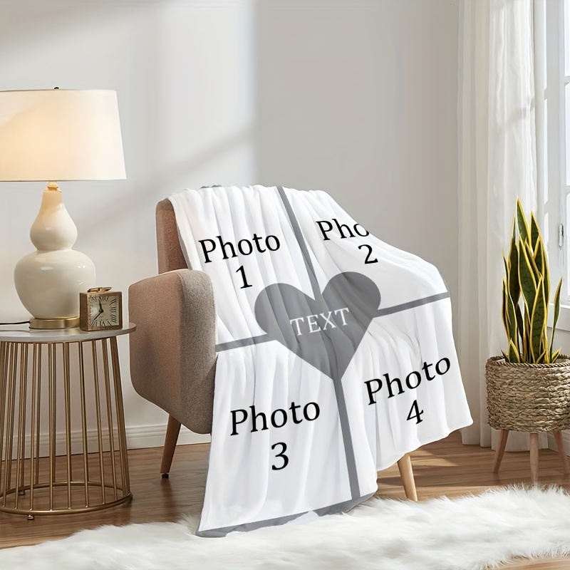 Personalized Photo Heart Pattern Flannel Blanket - Gift for Family
